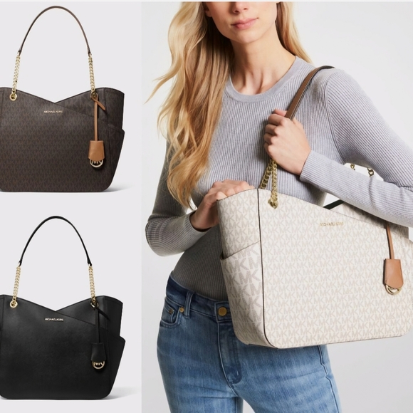 New Michael Kors Large Vanilla Jet Set Logo Shoulder Tote - Picture 2 of 6